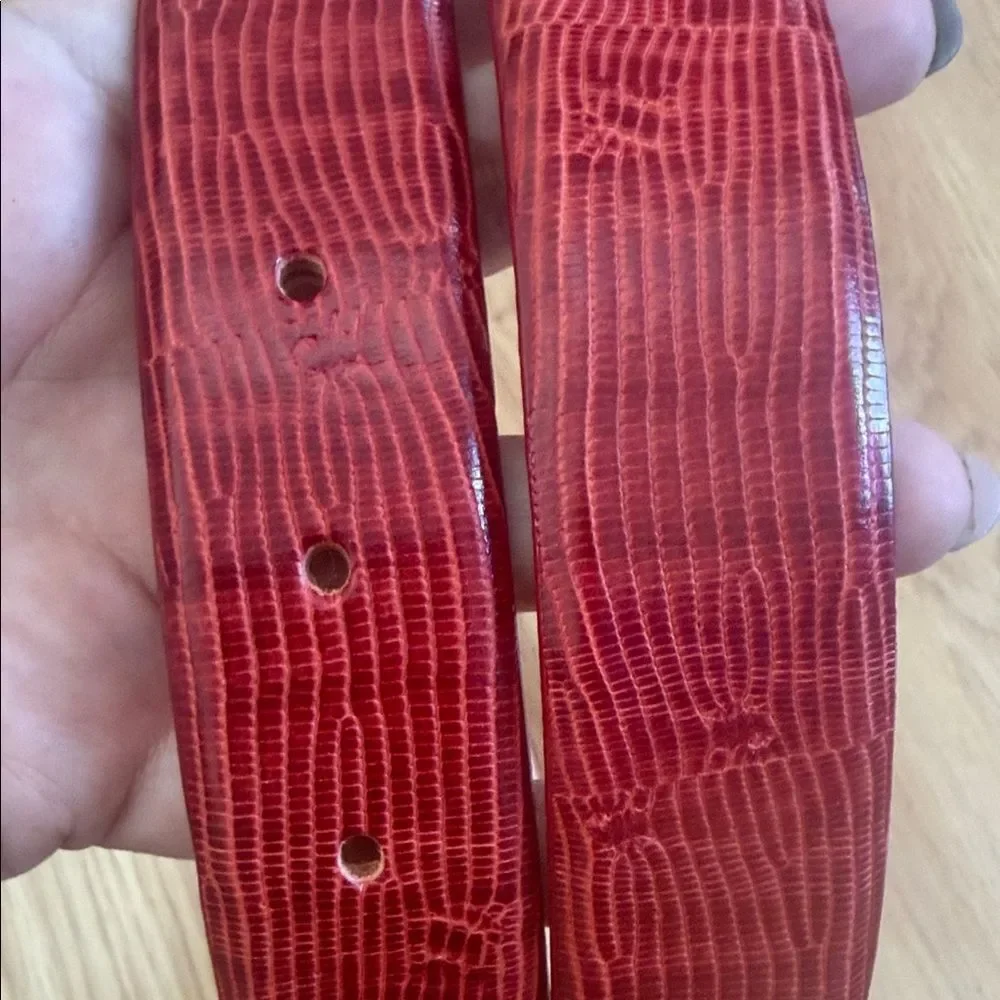 Vintage Calvin Klein Red Lizard Grain Leather Belt Silver Buckle Medium - Picture 5 of 8